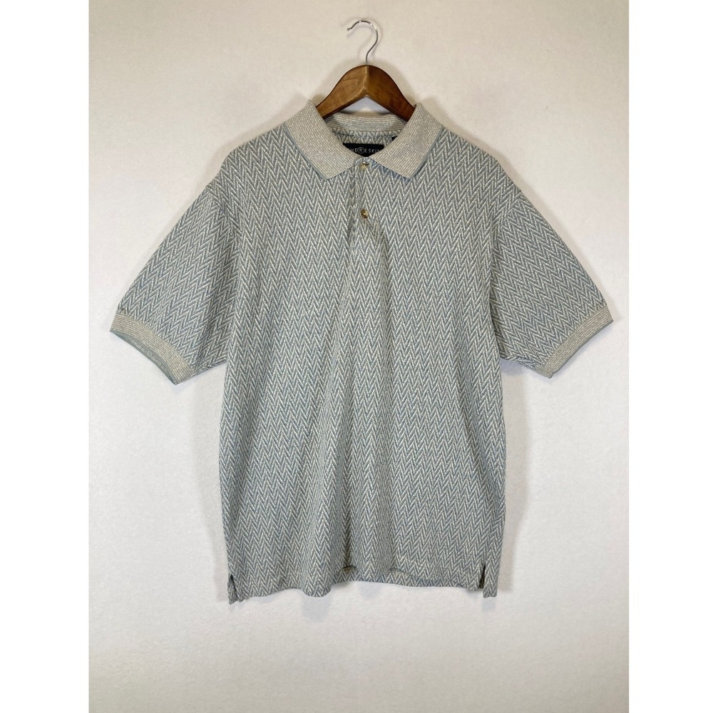 Retro Grandpacore CHERESKIN Mens Medium Blue Grey Chevron Knit Short Sleeve Polo